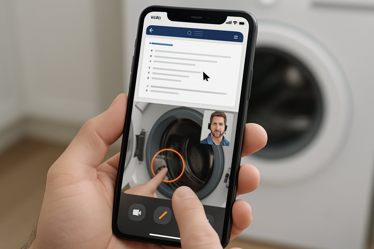 A customer holding their smartphone while on a live remote video assistance call with a technician The phone screen shows a split interface the live c