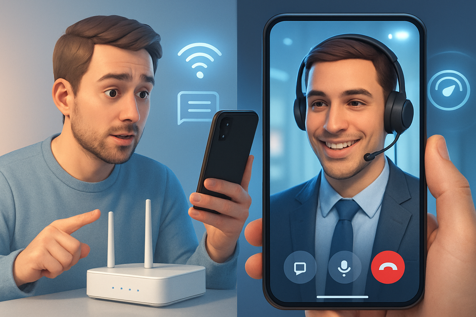 A modern hightech splitscreen illustration showing a customer video chatting with a support agent The customer holds their smartphone up to show an is-1