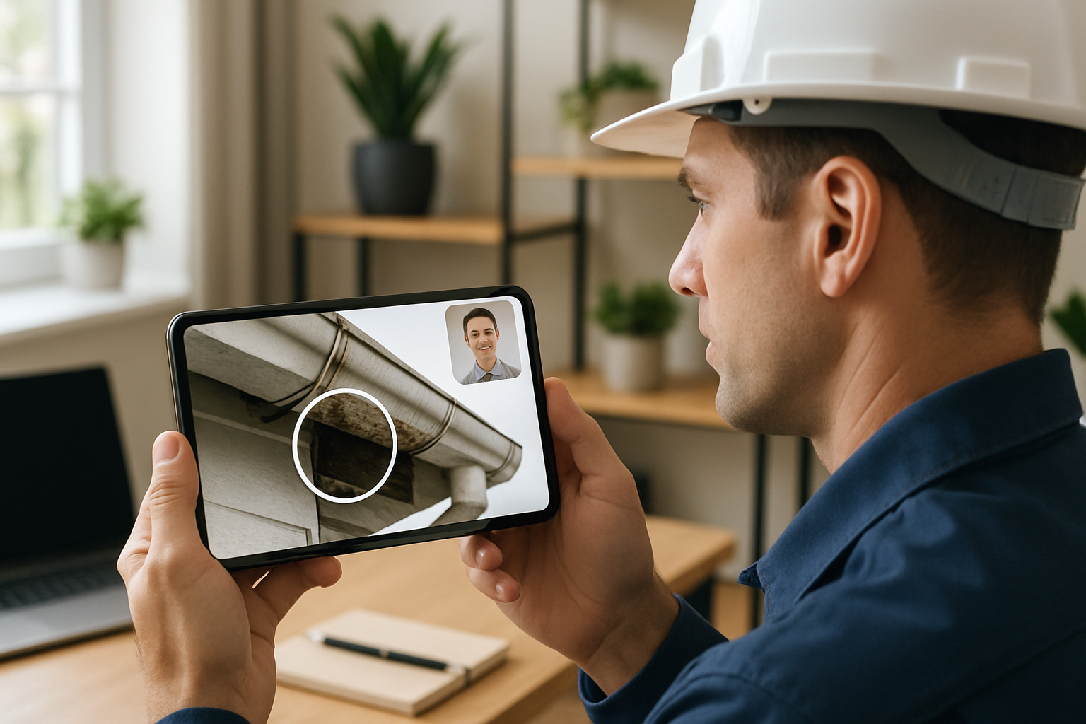 A modern home office is depicted featuring a a home inspector sitting holding a phone with a live video feed of a home inspection in progress On one-1