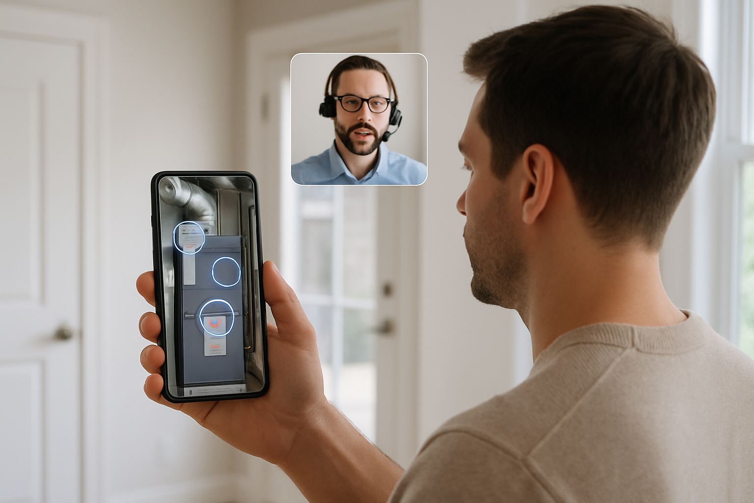 A modern realistic scene of a homeowner standing inside a residential home holding a smartphone conducting a live video inspection The phone screen cl-1