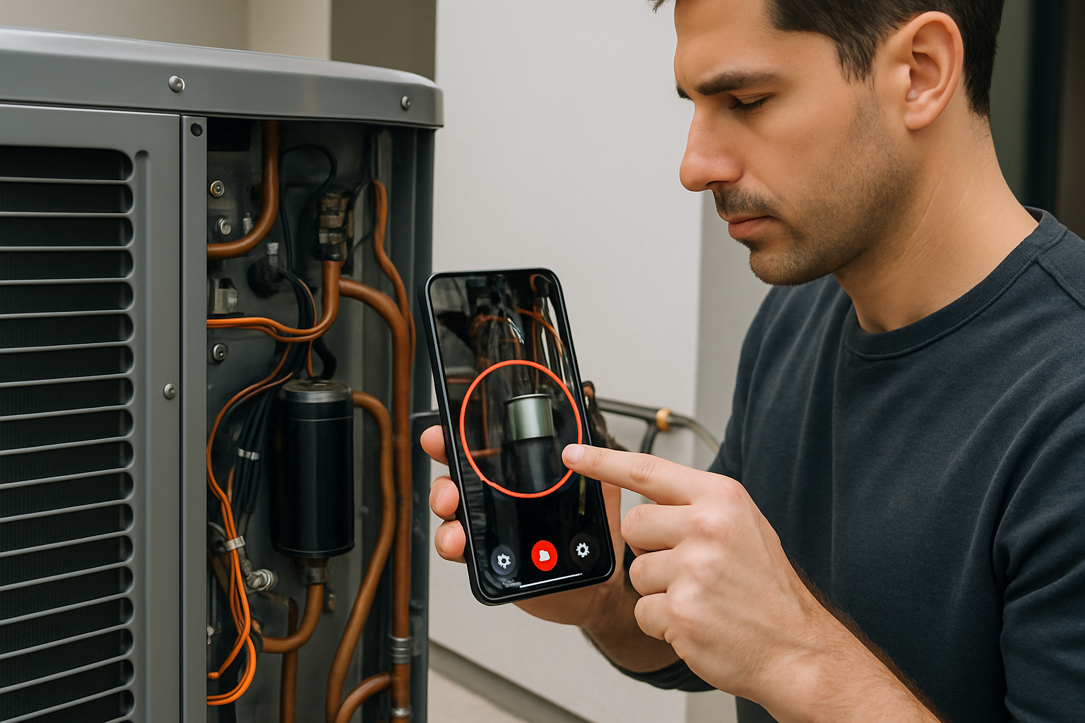 A photorealistic image of a customer standing next to an HVAC unit holding his phone and pointing it at a specific HVAC part on the phone while touchi-1