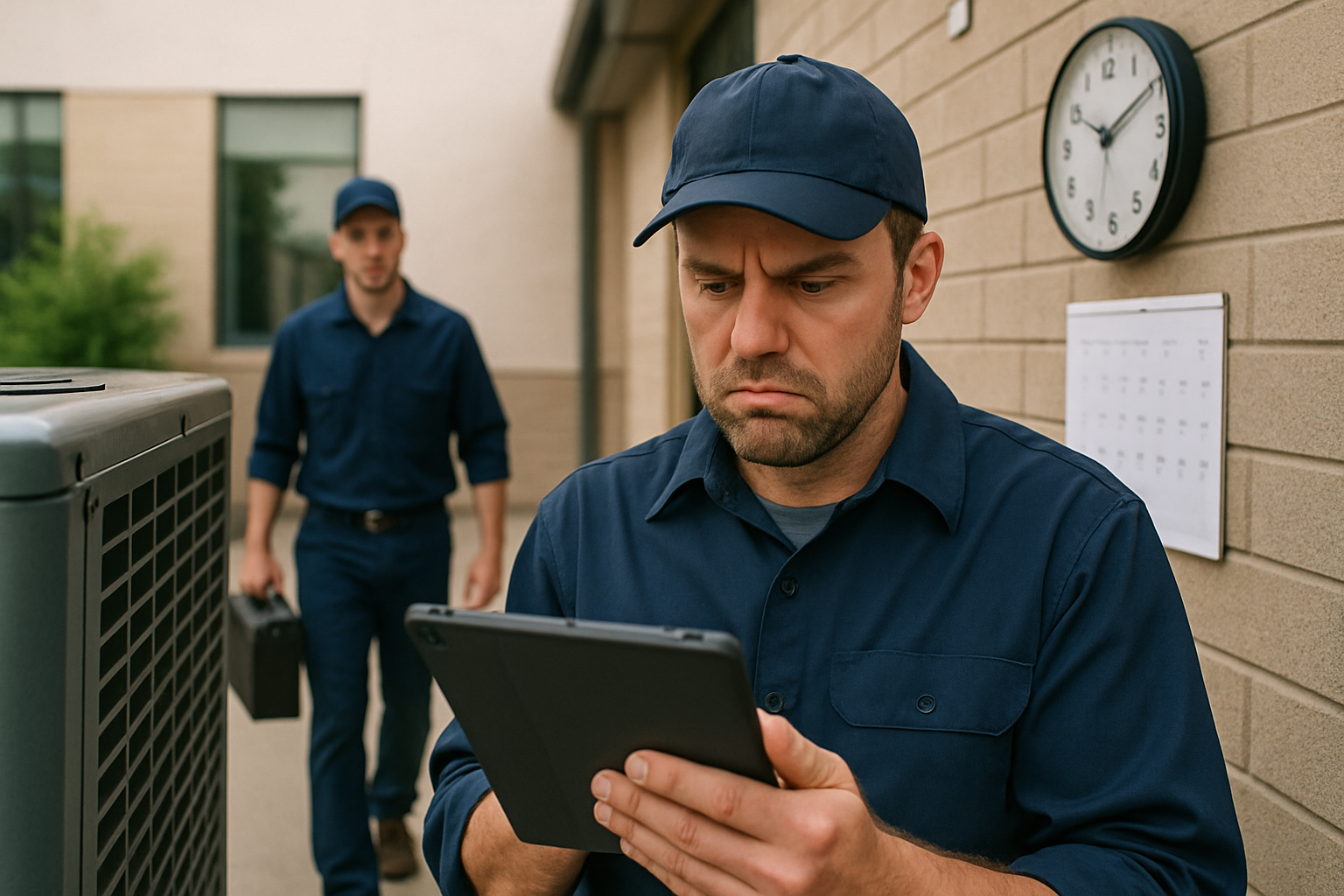 A photorealistic image of a field service technician looking concerned while reviewing a service ticket or tablet next to an HVAC unit or industrial e-3