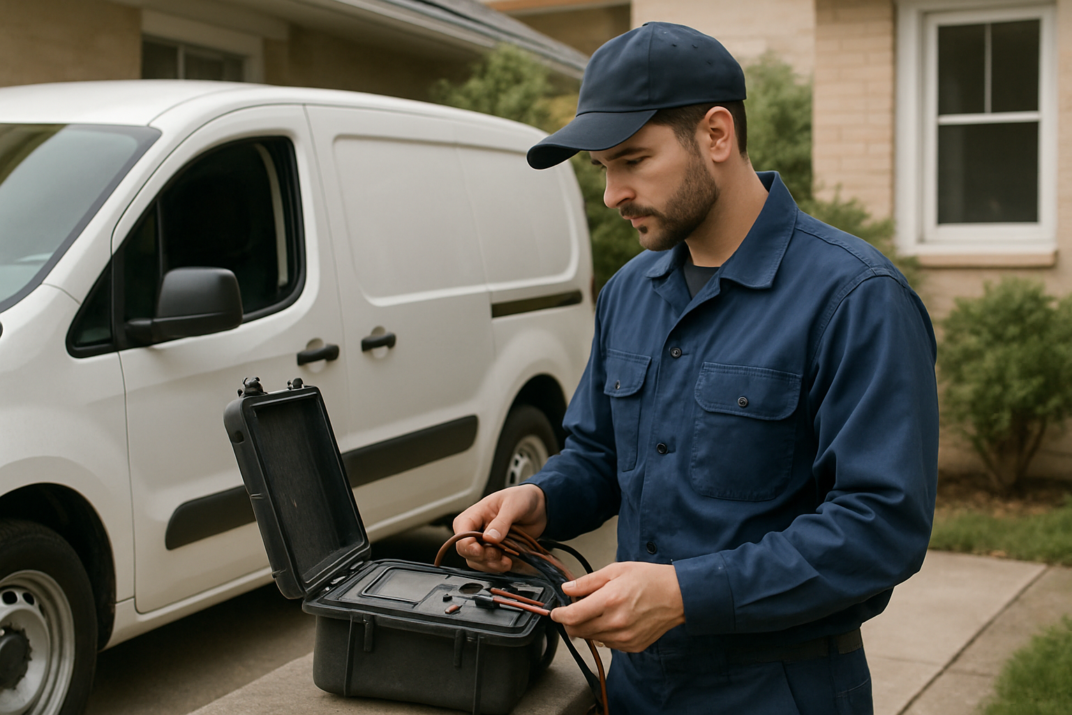 A professional field technician standing beside a service van examining equipment at a customers home The scene highlights the moments when an inperso