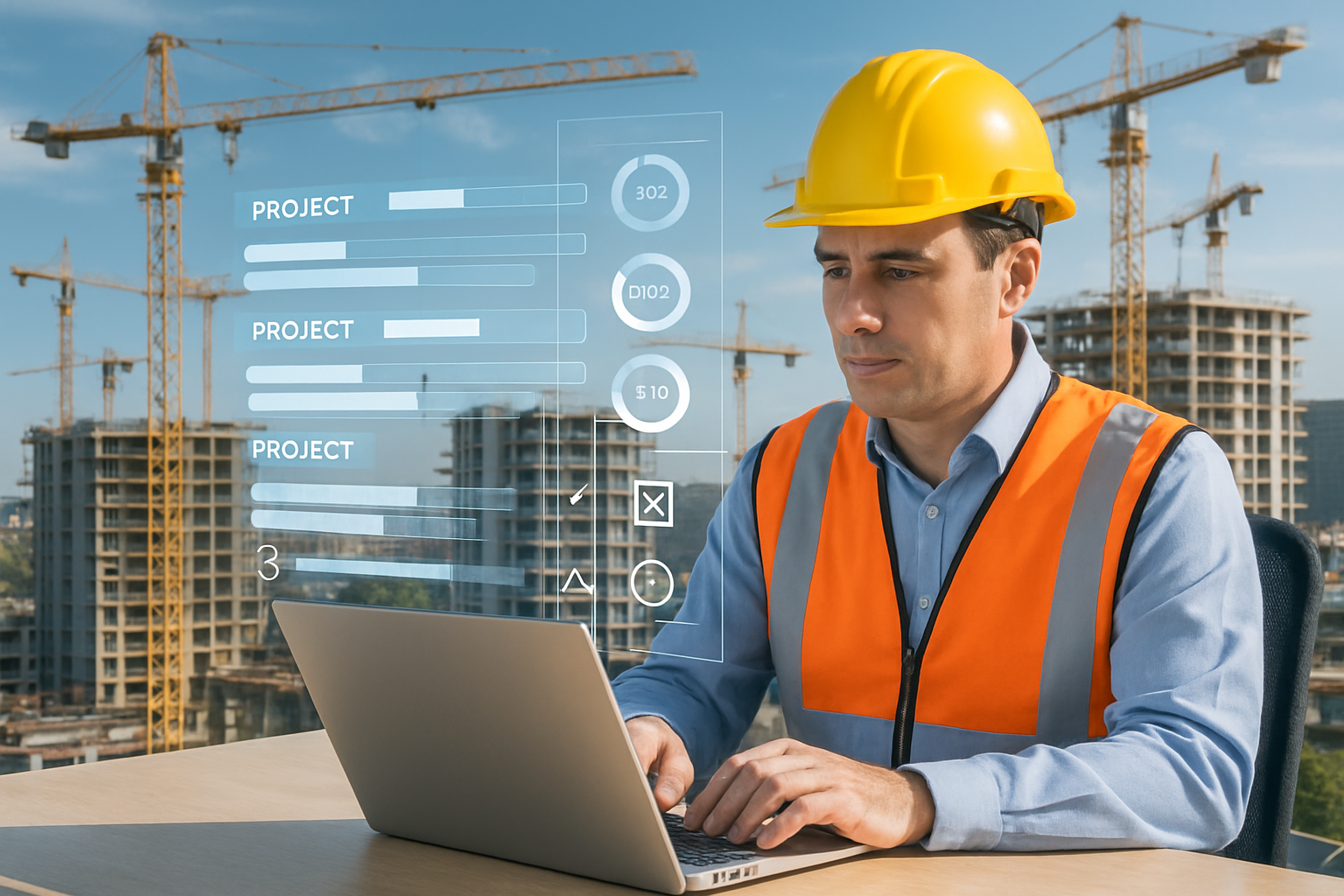 A realistic Inspector or construction manager at a desk using a laptop or tablet to oversee multiple construction sites in the background Include digi-1
