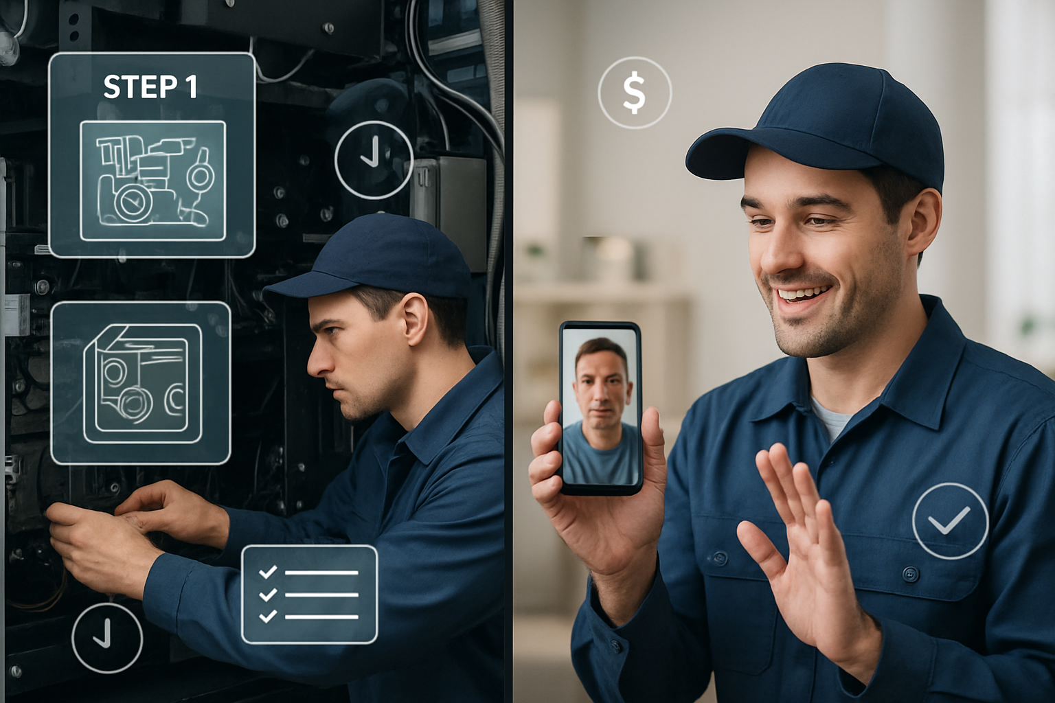 A splitscreen scene showing two field service approaches On the left a technician is repairing a complex machine with digital overlays highlighting st-1