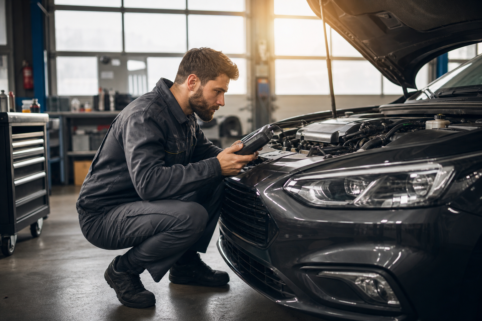 Car Technician Diagnosing Faulty Vehicle