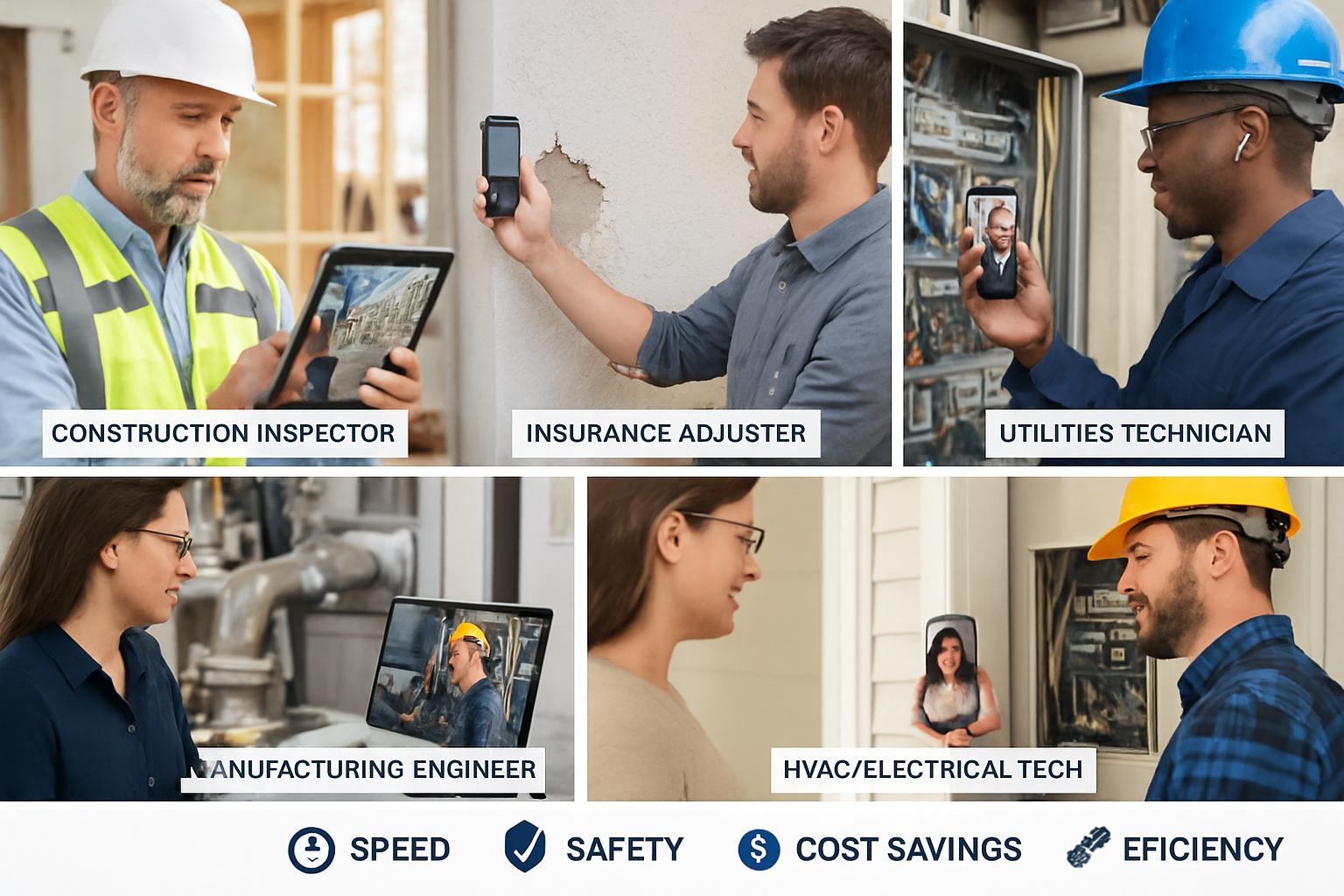 Collage showing different industries using remote video inspections a construction inspector reviewing a building site on a tablet an insurance adjust-1