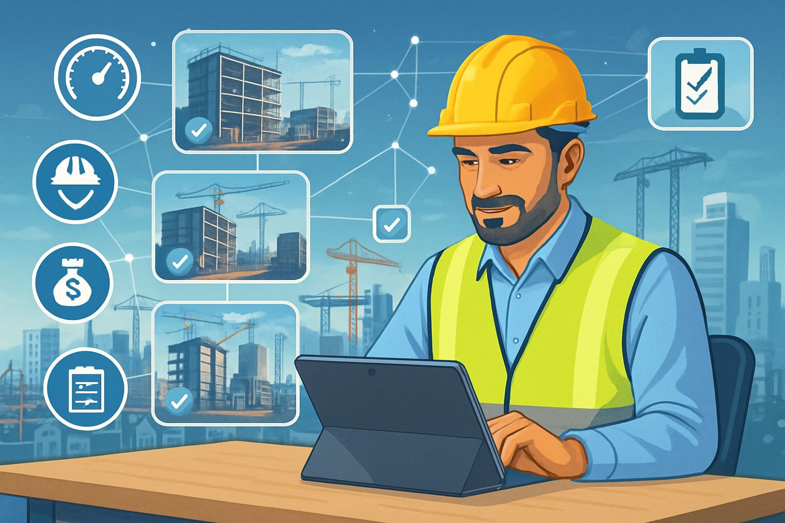Confident inspector sitting at a desk using a laptop or tablet for a remote video inspection with multiple construction sites buildings and industrial-1