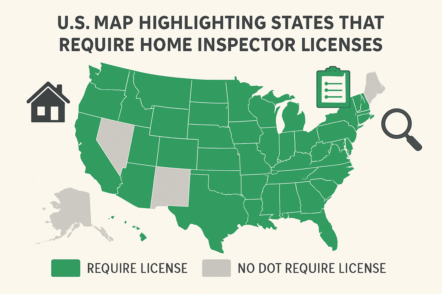 Create a clean professional illustration of a US map highlighting states that require home inspector licenses in green and states that do not in gray-1