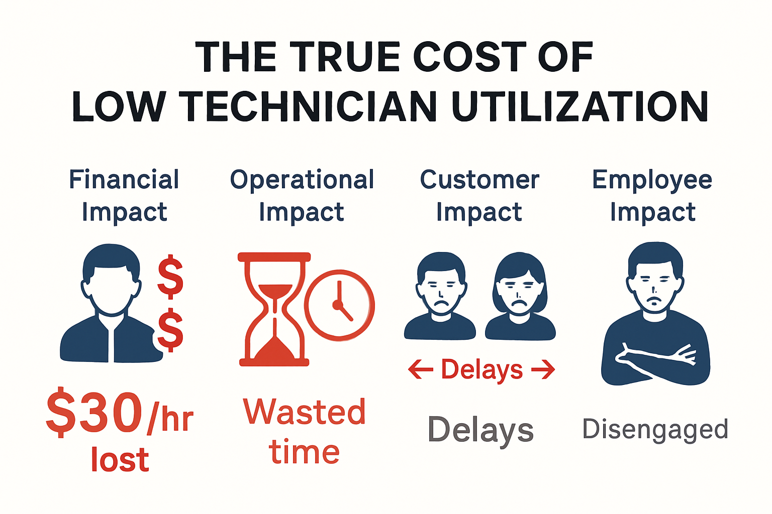 Create a modern infographic titled The True Cost of Low Technician Utilization Show four sections 1 Financial Impact technician with dollar signs and