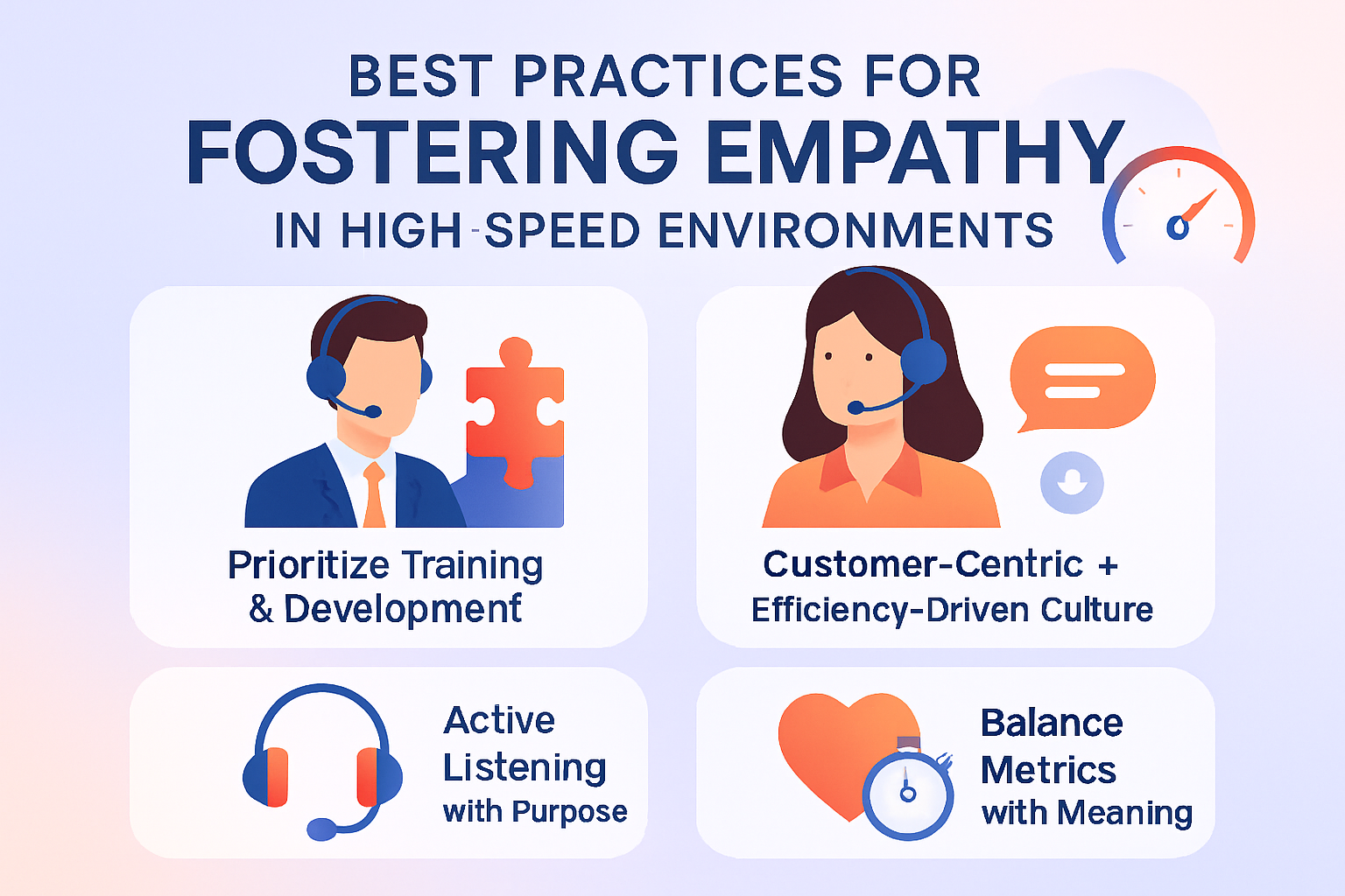 Create a polished modern infographic titled Best Practices for Fostering Empathy in HighSpeed Environments Use a clean professional design with soft g
