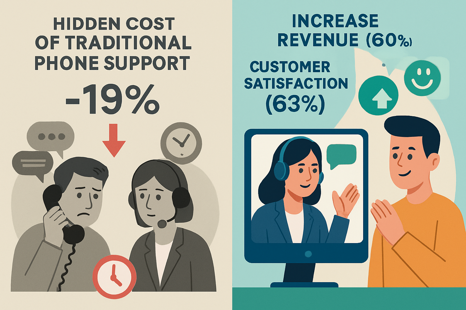 Create a splitimage infographic On the left side depict a stressed or neutraltoned scene with a customer on the phone and an agent on a headset repres