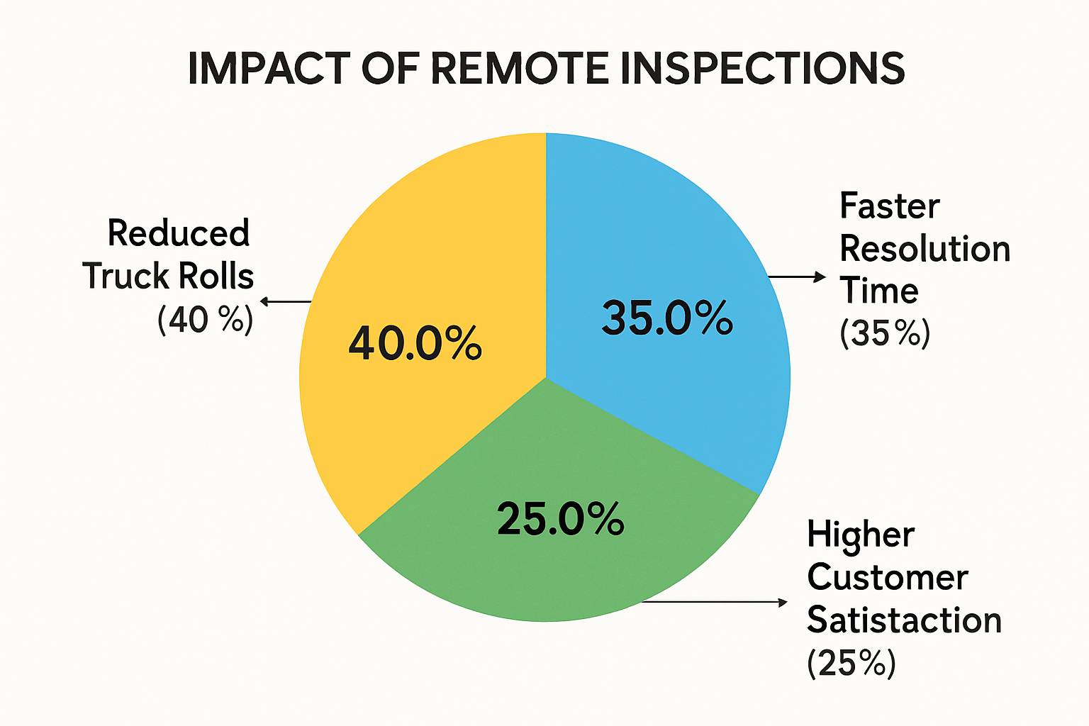 Create me an image with a white background the title should be Impact of Remote Inspections The pie should be divided into 3 sectionsSection 1 yellow