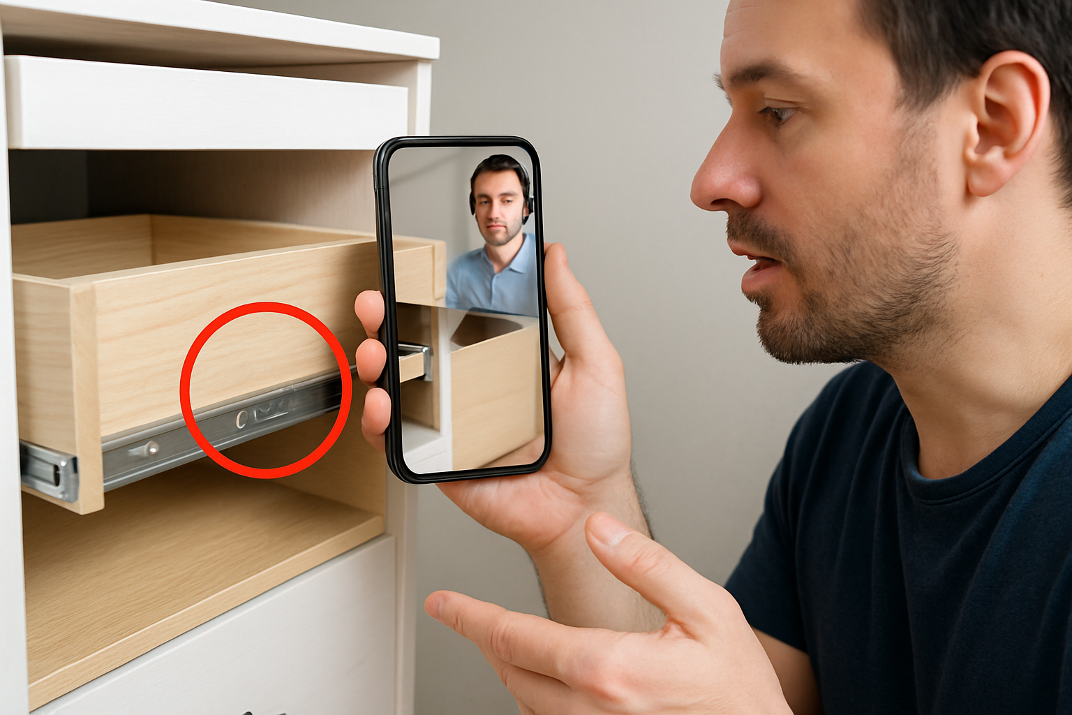 Customer is holding a phone videoing a drawer encircling a crucial part that is unresolved The customer is also talking to a customer support