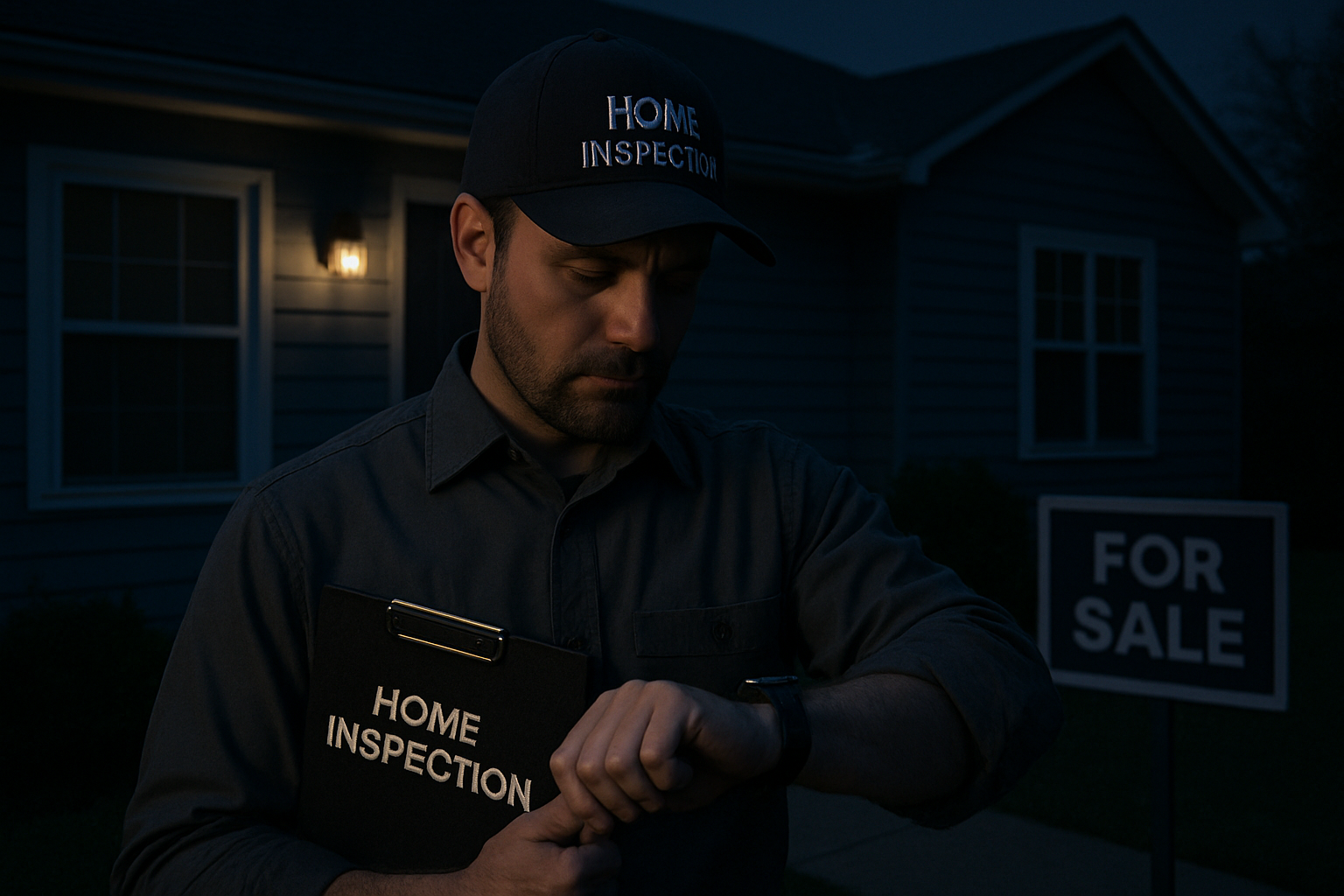 Home inspector looking at his watch is standing outside the house for sale he doesnt have aCESS because the owner is not home yetr its dark time alrea