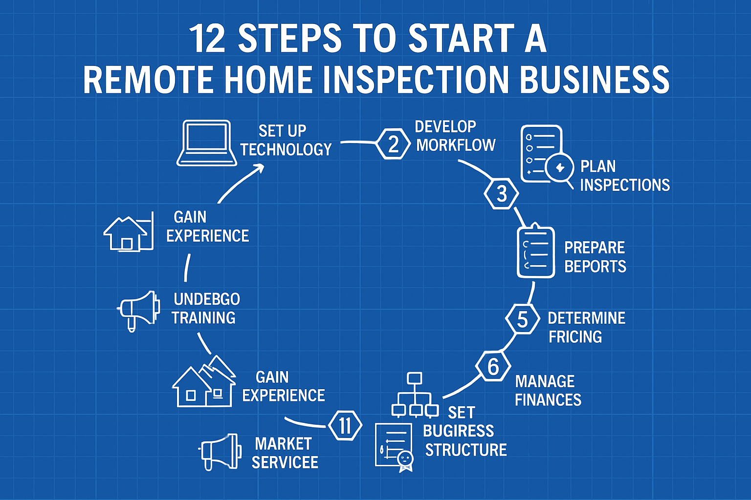 Infographicstyle blueprint showing 12 steps to start a remote home inspection business Include small icons for each step laptop for technology checkli