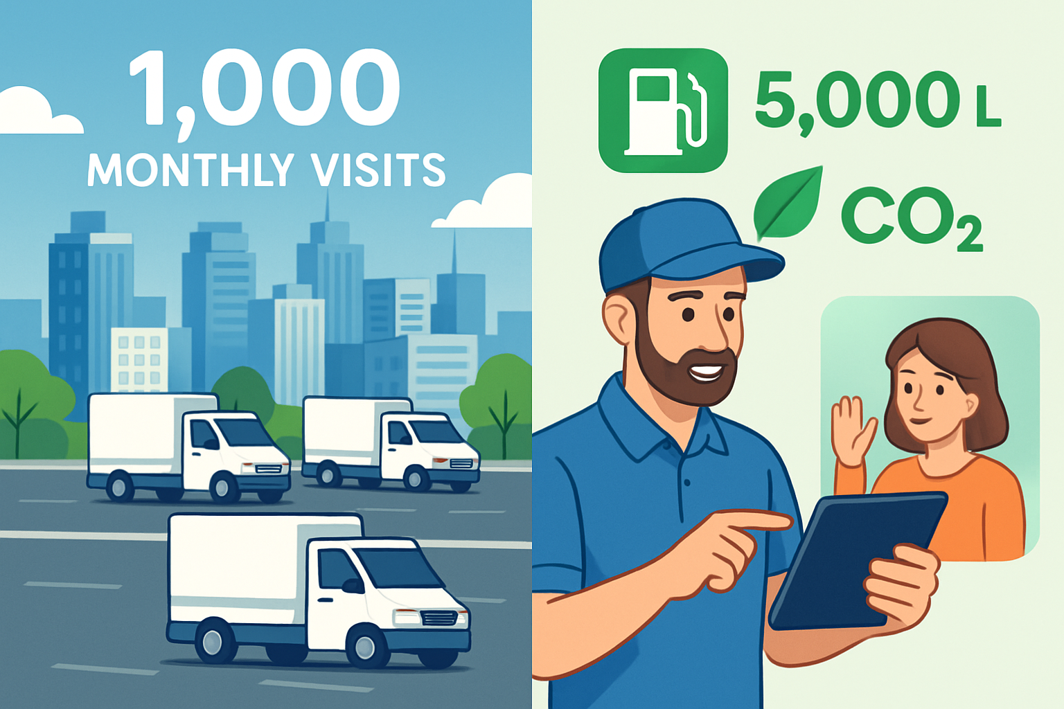 Infographicstyle splitscreen illustration left side multiple service trucks on city roads with a label 1000 monthly visits right side technician guidi-1