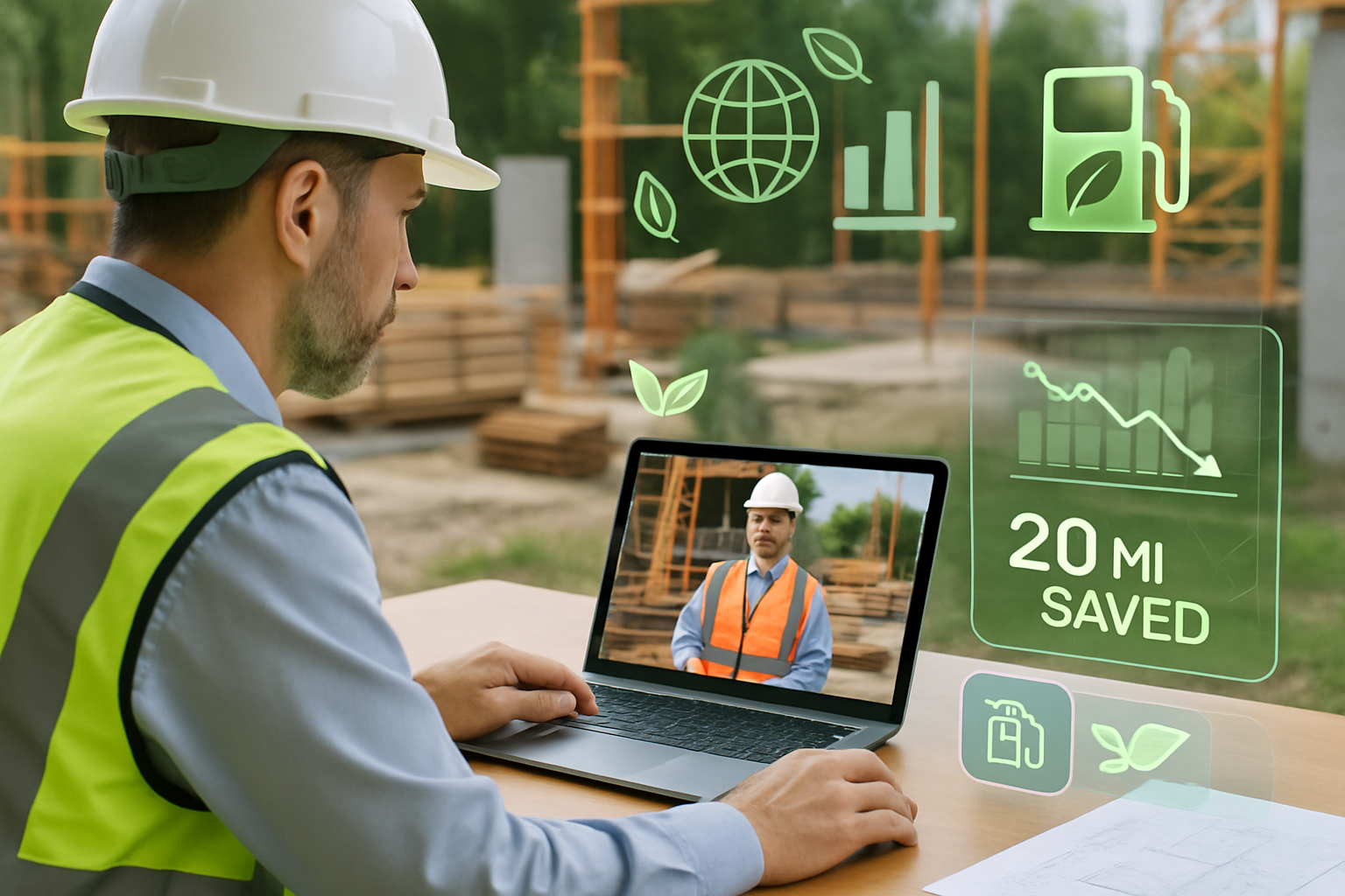 Inspector at a desk conducting a remote video inspection on a laptop or tablet with a construction site in the background Include green ecoicons leaf