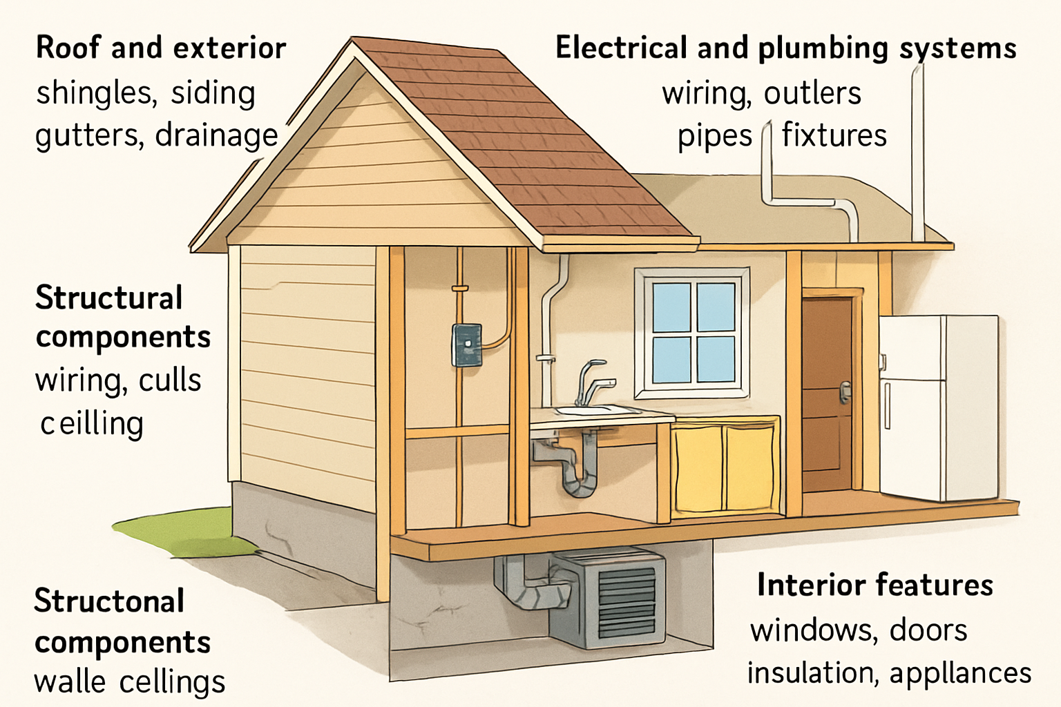 Roof and exterior shingles siding gutters and drainageStructural components foundation walls and ceilingsElectrical and plumbing systems wiring outlet-1