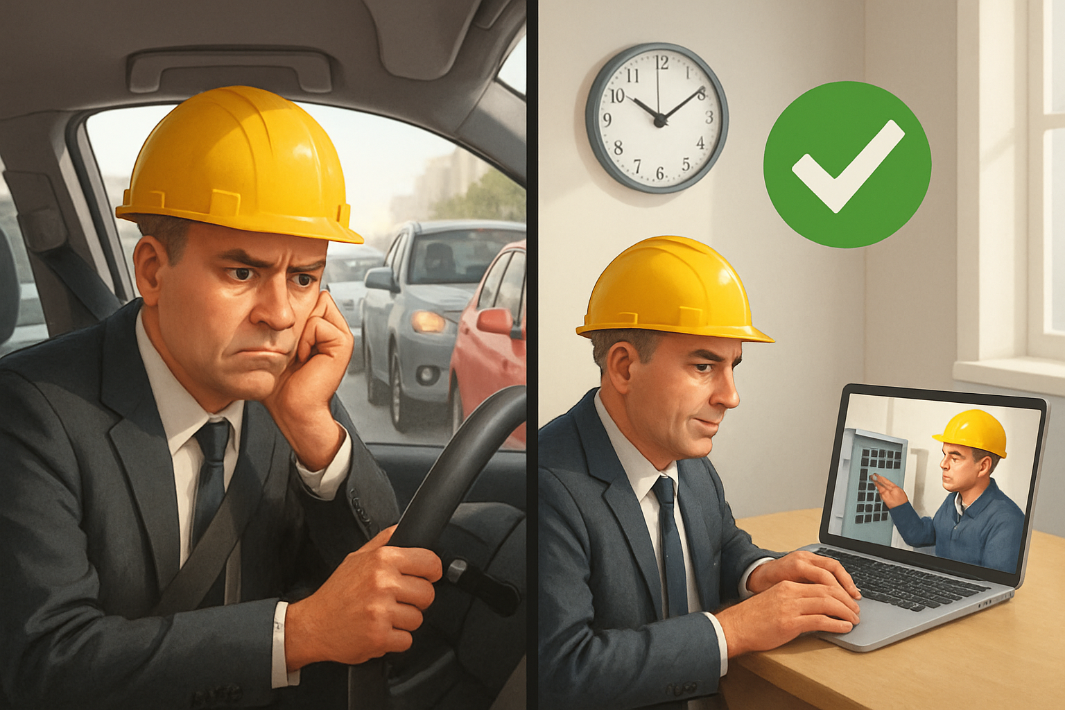 Splitscreen illustration showing a frustrated inspector sitting in traffic on the left and the same inspector at a desk conducting a remote video insp-1