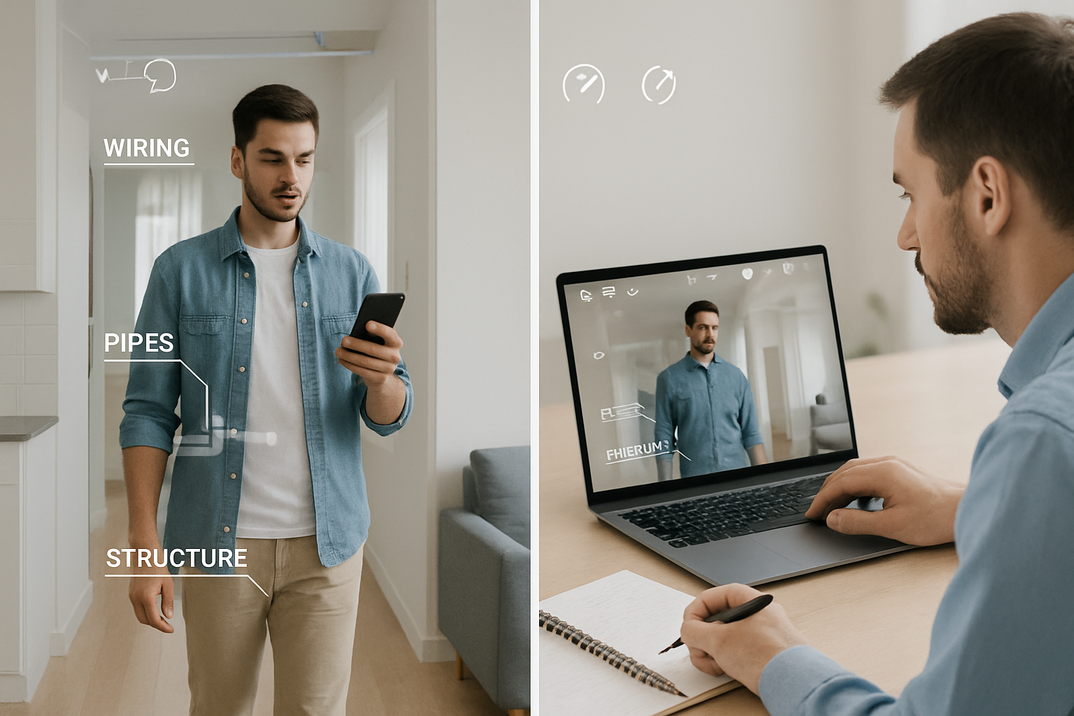 Splitscreen image of a remote home inspection left side shows a homeowner or onsite assistant holding a smartphone walking through a house right side