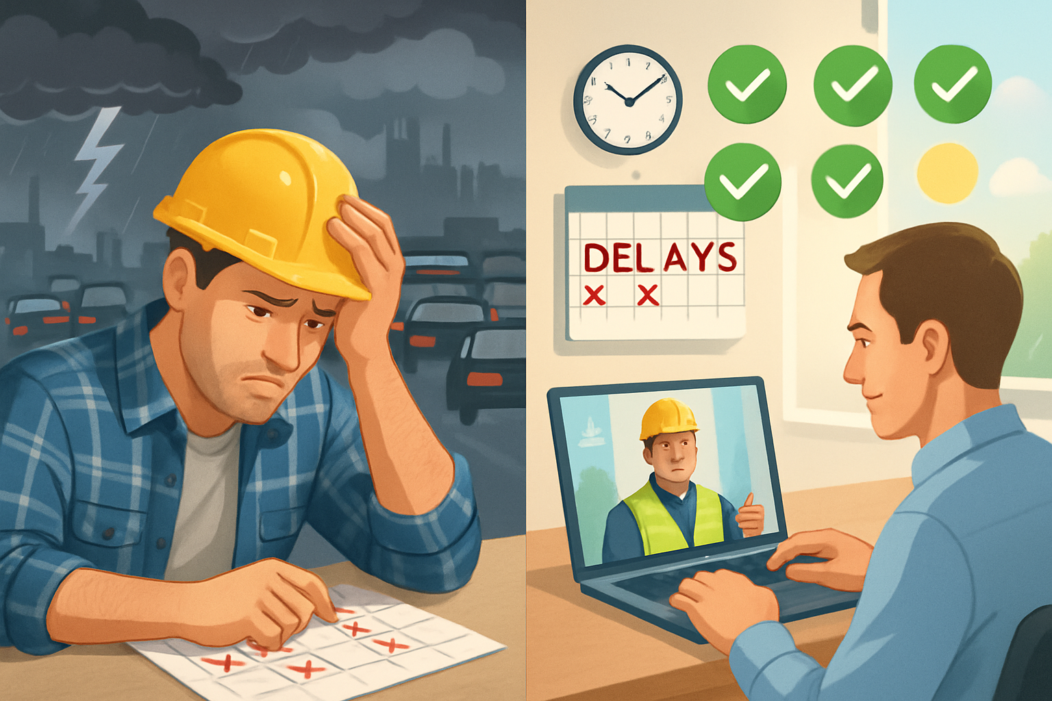 Splitscreen image showing a frustrated contractor looking at a calendar with delays traffic outside and storm clouds on the left and on the right an i-1