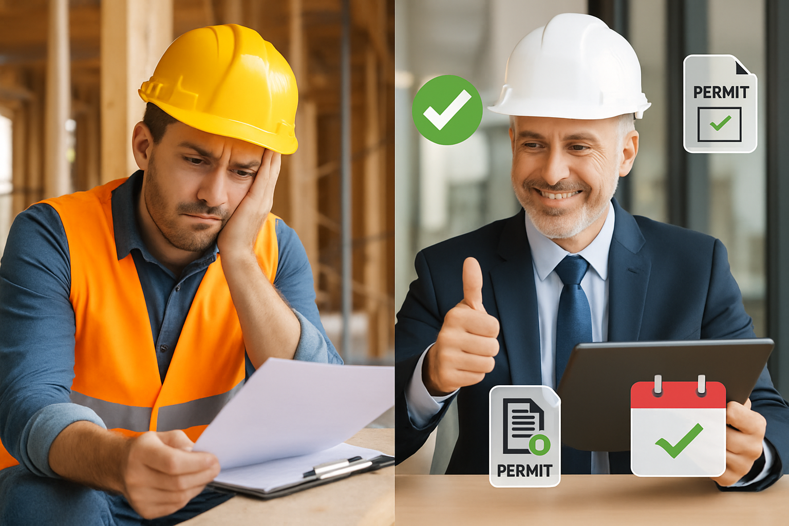 Splitscreen image showing a frustrated contractor waiting with paperwork on a construction site on the left and on the right an inspector approving a-1