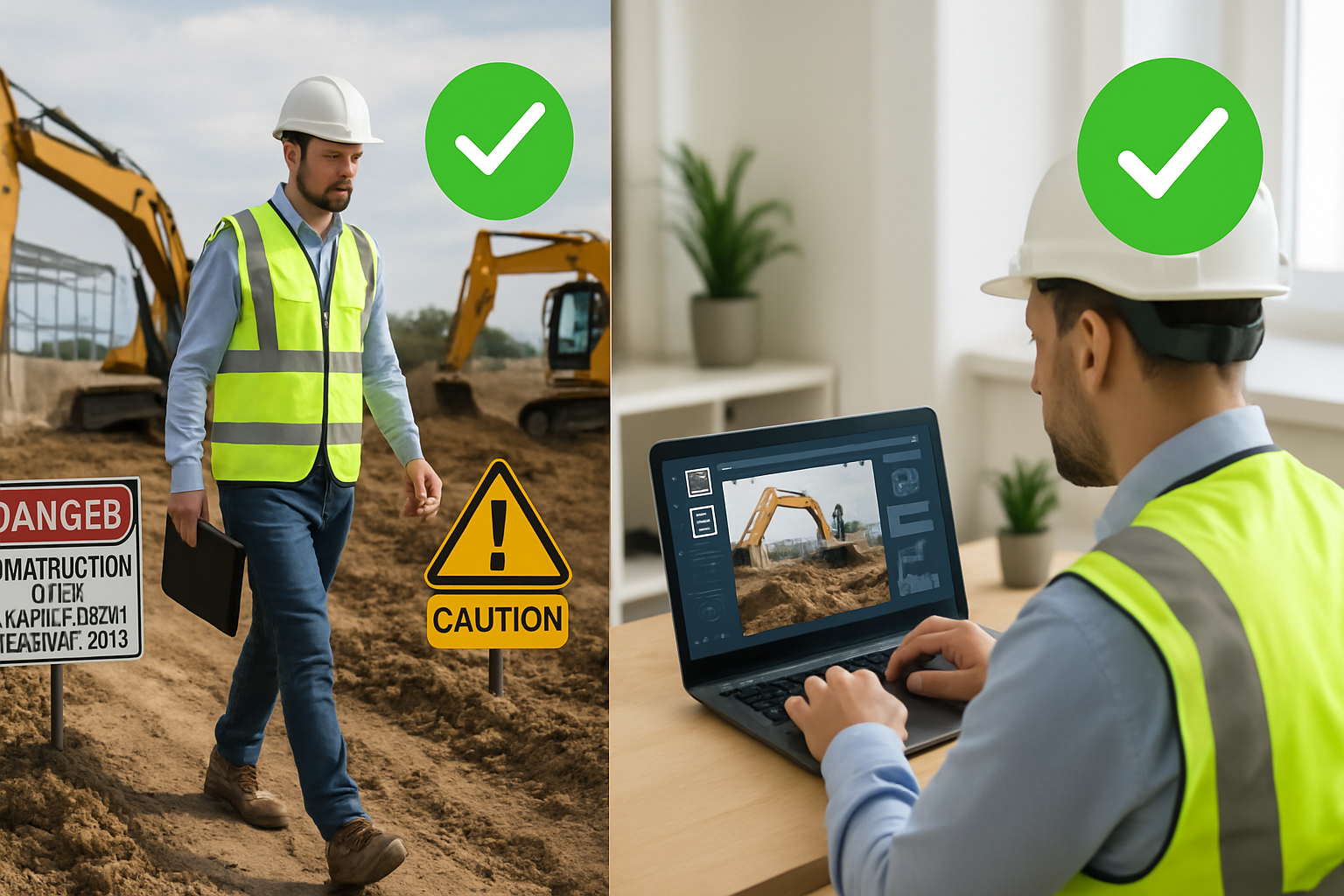 Splitscreen image showing an inspector navigating a busy construction site with heavy machinery uneven terrain and caution signs on the left and the s