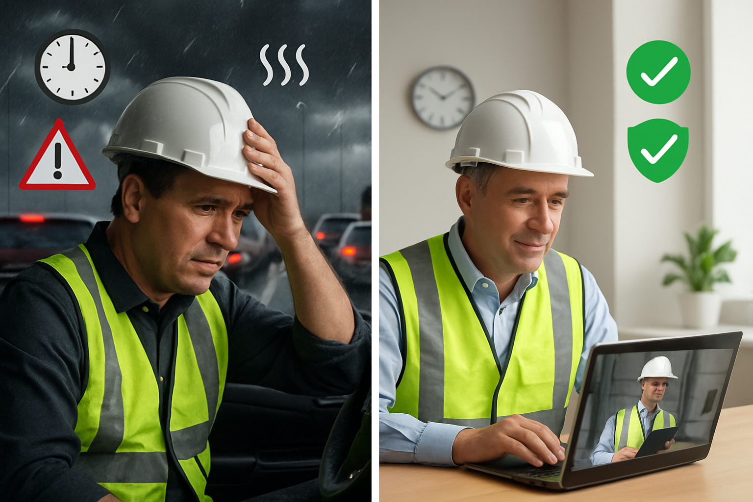 Splitscreen image showing an inspector stressed in a car stuck in traffic with stormy weather on the left and the same inspector safely at a desk cond
