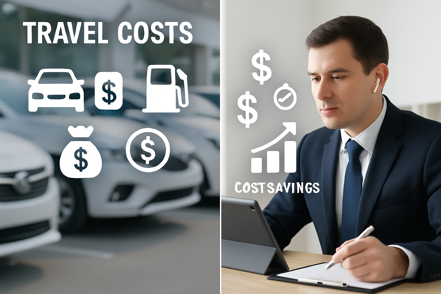Splitscreen image showing travel costs on the left with cars fuel pumps and expense icons and on the right an inspector at a desk conducting a remote-1