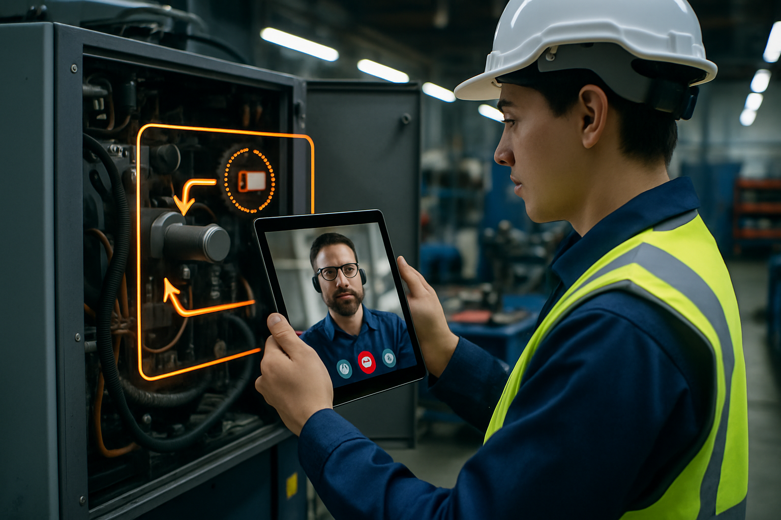 The image portrays a modern field service technician wearing a safety vest and a hard hat standing in front of a complex piece of machinery in an indu-3