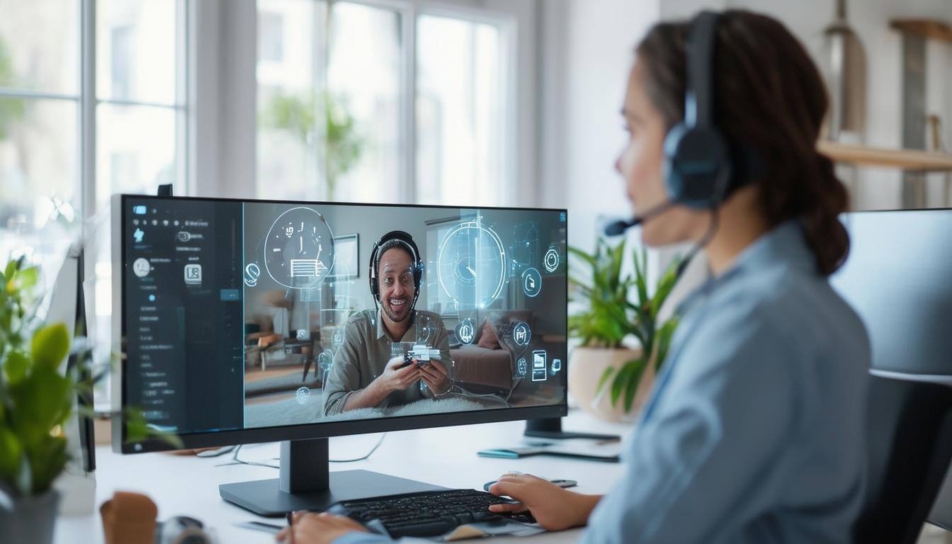 The image showcases a modern office environment where a technician is providing Remote Visual Assistance