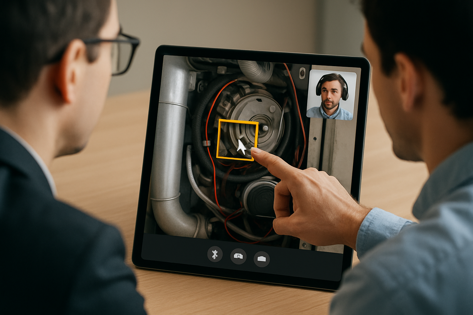 Two people engaged in a remote support session screensharing on a computer or tablet The video feed shows a closeup of an HVAC system with one person