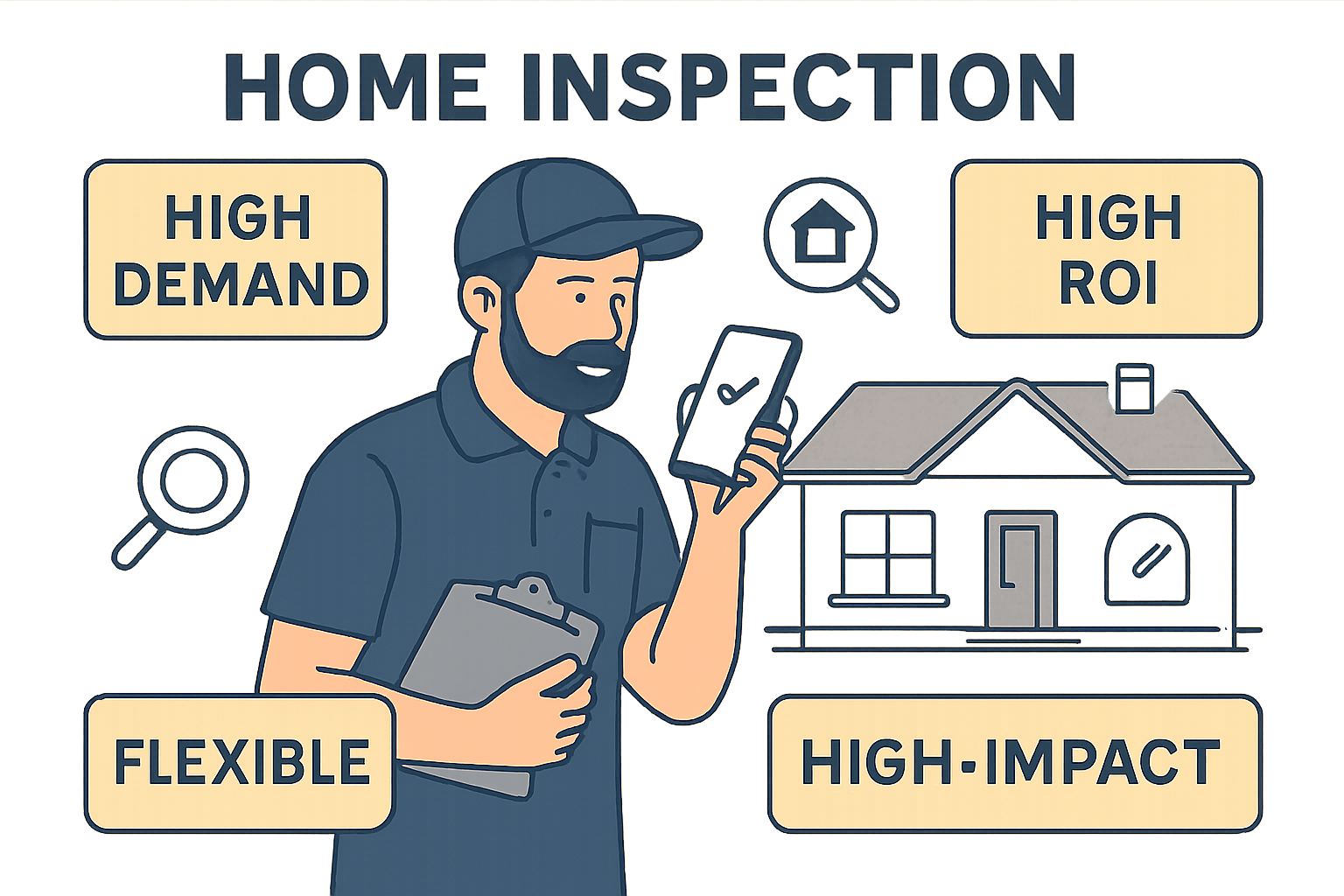 an infograhic of a home inspector conducting home inspection via his phone Write words in the pictures high demand high ROI flexible scalable highimpa