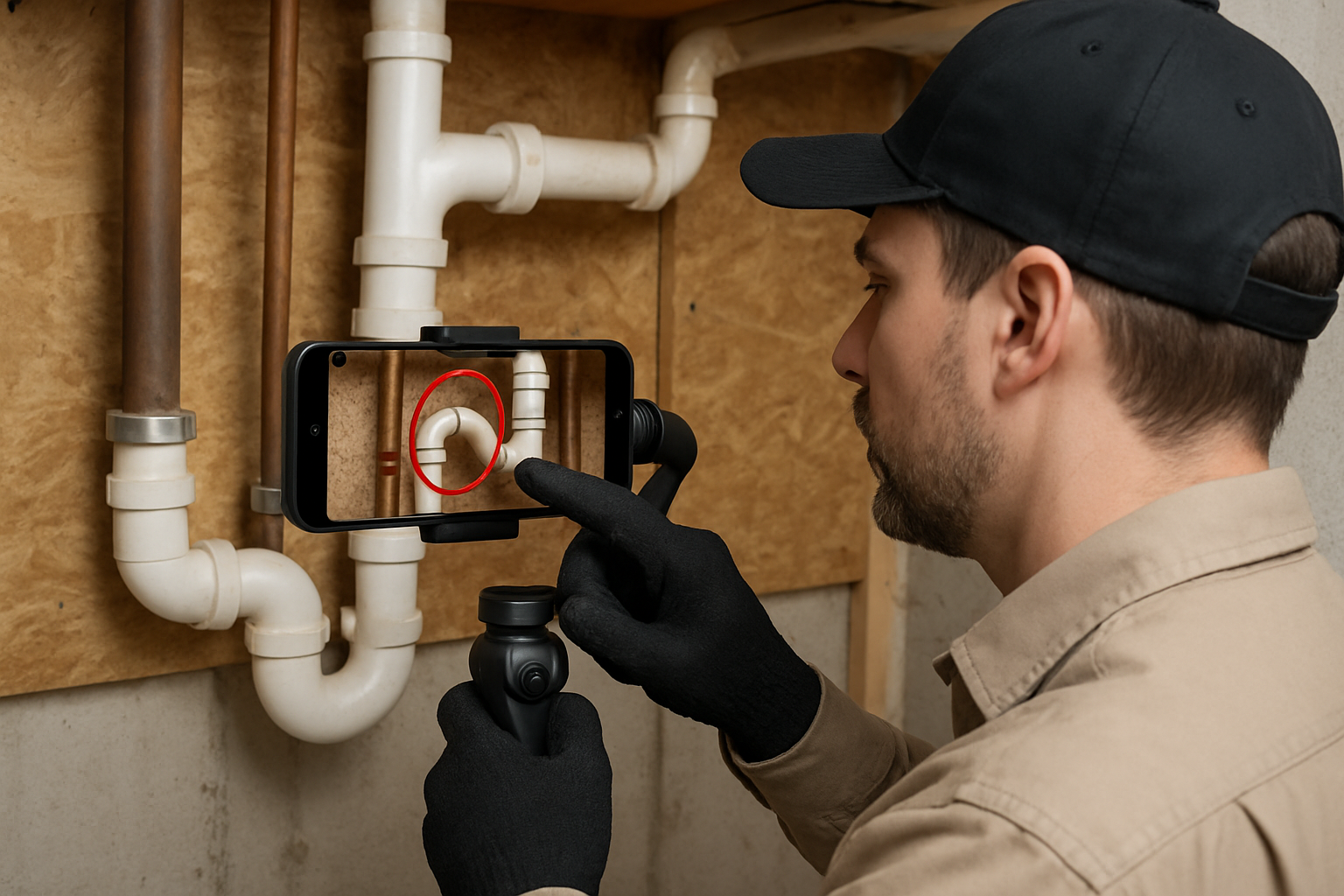 home inspector videoing a plumbing system and encircling the screen for the issues-1