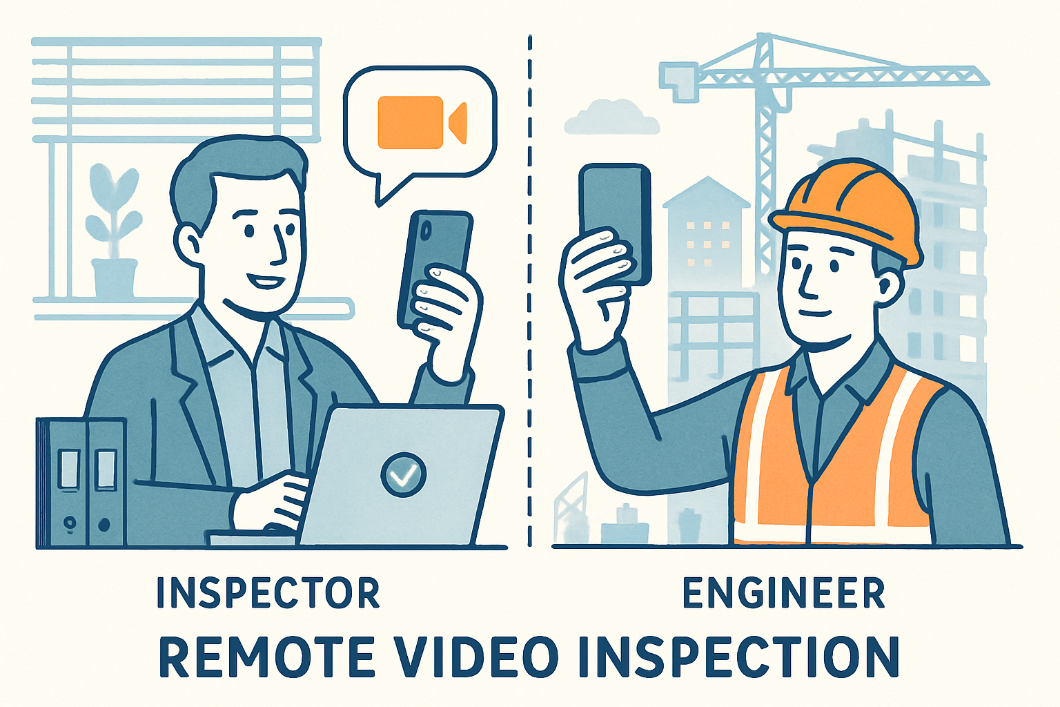 image depicting a inspector holding a phone from office doing a live video  chat to an engineer who is in the construction site The engineer on the co