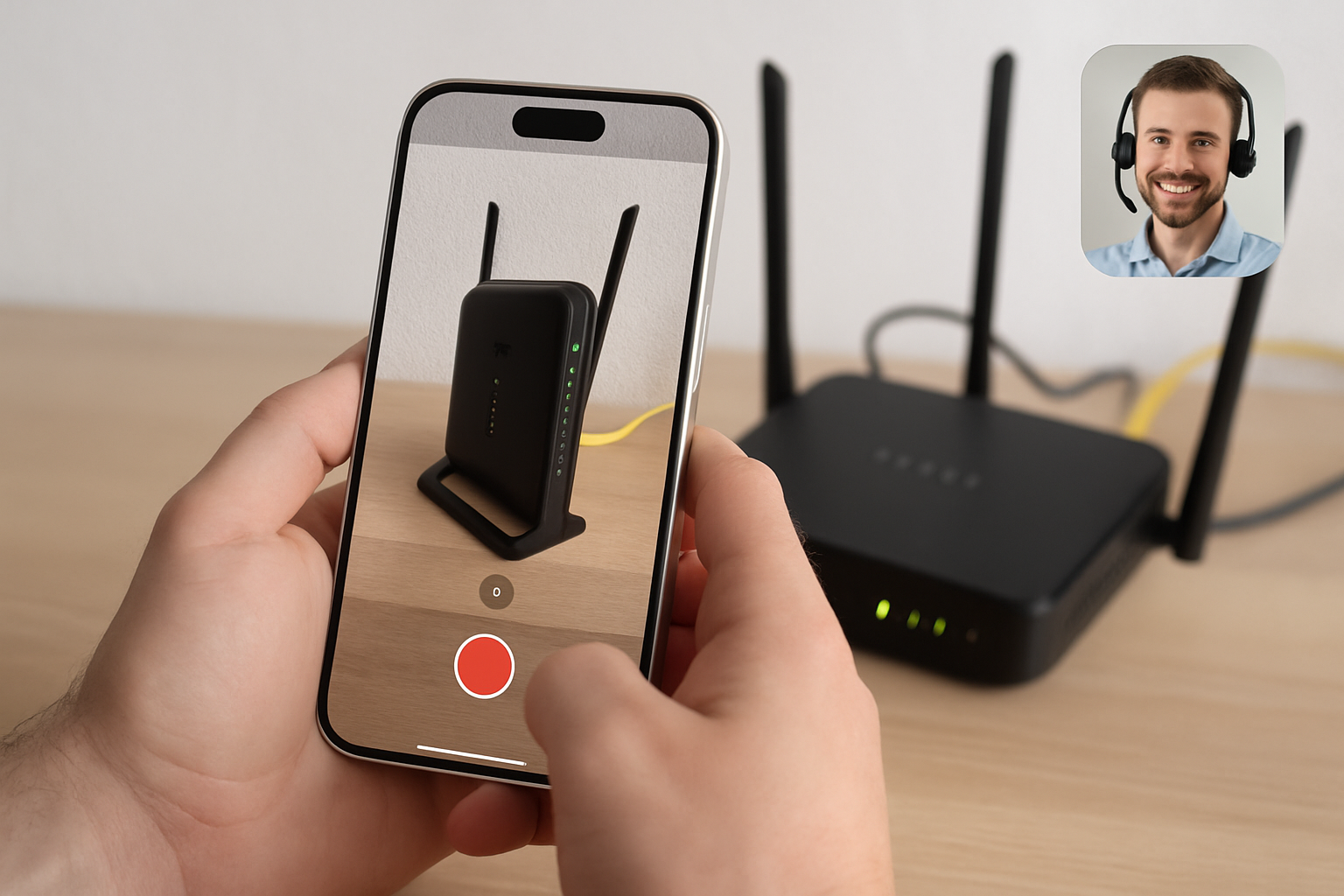 image depicting a person taking a video of an internt modem using his white iphone 17 promax On the other side of teh image put a small image of a cal-1