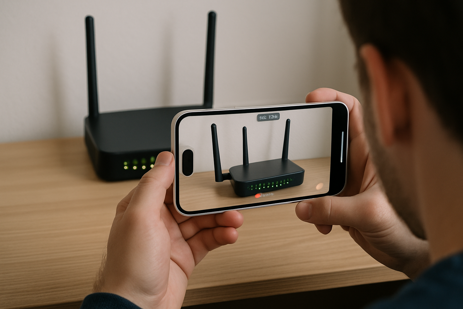 image depicting a person taking a video of an internt modem using his white iphone 17 promax