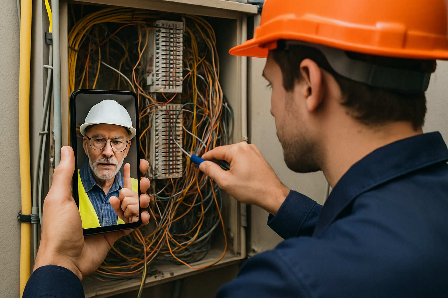 image depicting a senior engineer instructing someone via live video how to repair a telecom-1