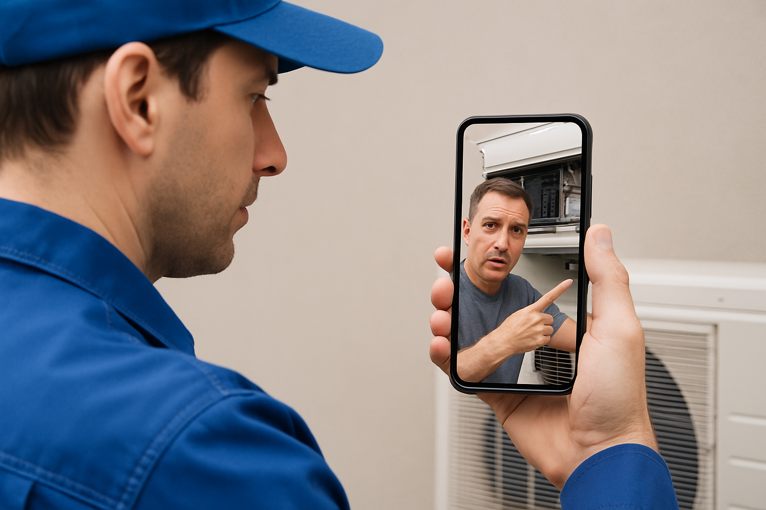image depicting field service technician holding a phone for live video support The phone should show a video of the client is showing the technician