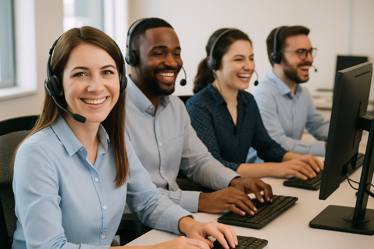 image depicting people in a call centers many call center agents happy-1