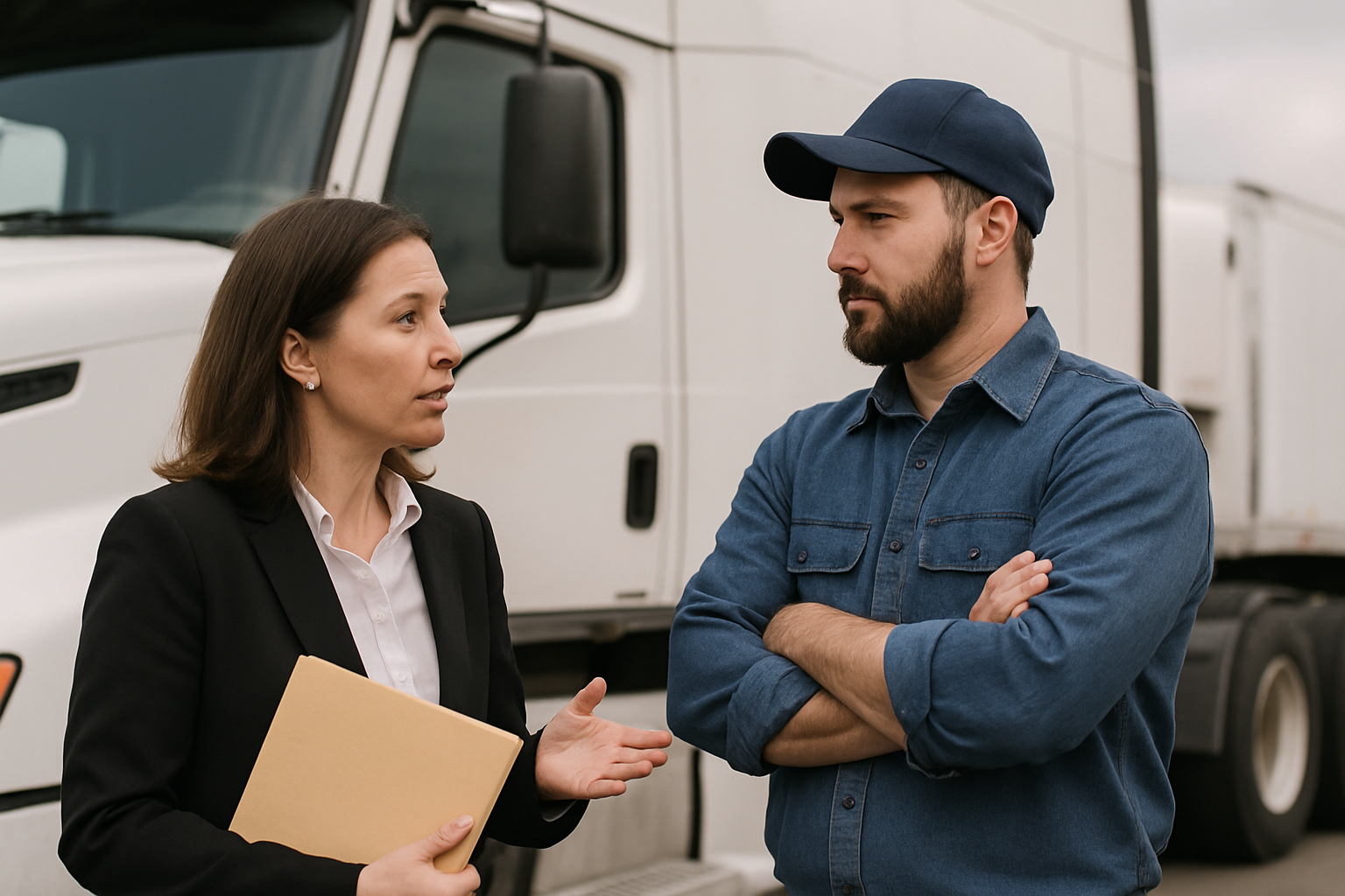 image depicting real human of boss  toalking to her employed driver for a truck roll-1