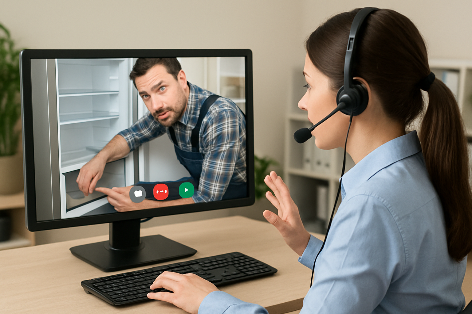 image depicts a call center agent talking to a customer via computer live the customer on the computer is fixing a refrigerator
