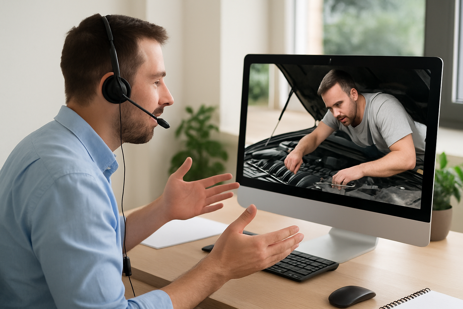 image depicts a call center agent who is a man talking to a customer via computer live the customer on the computer is fixing his car engine-3