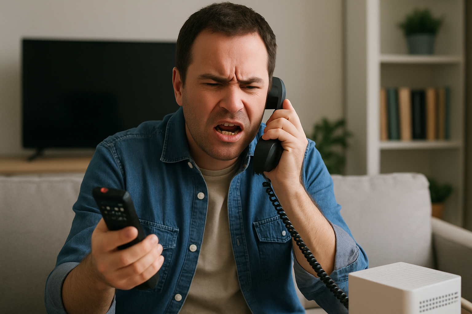 image depicts a customer on call for a cable outage and is frustrated-1