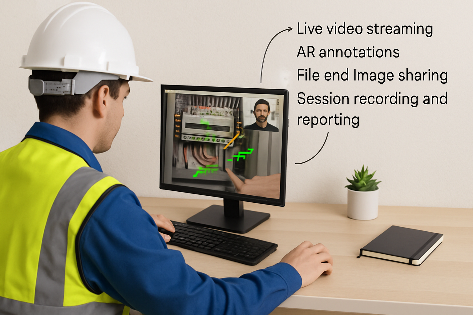 image depicts field technician assistant someone in the computer using live video support On the side write these text with thin arrows pointing to th-3