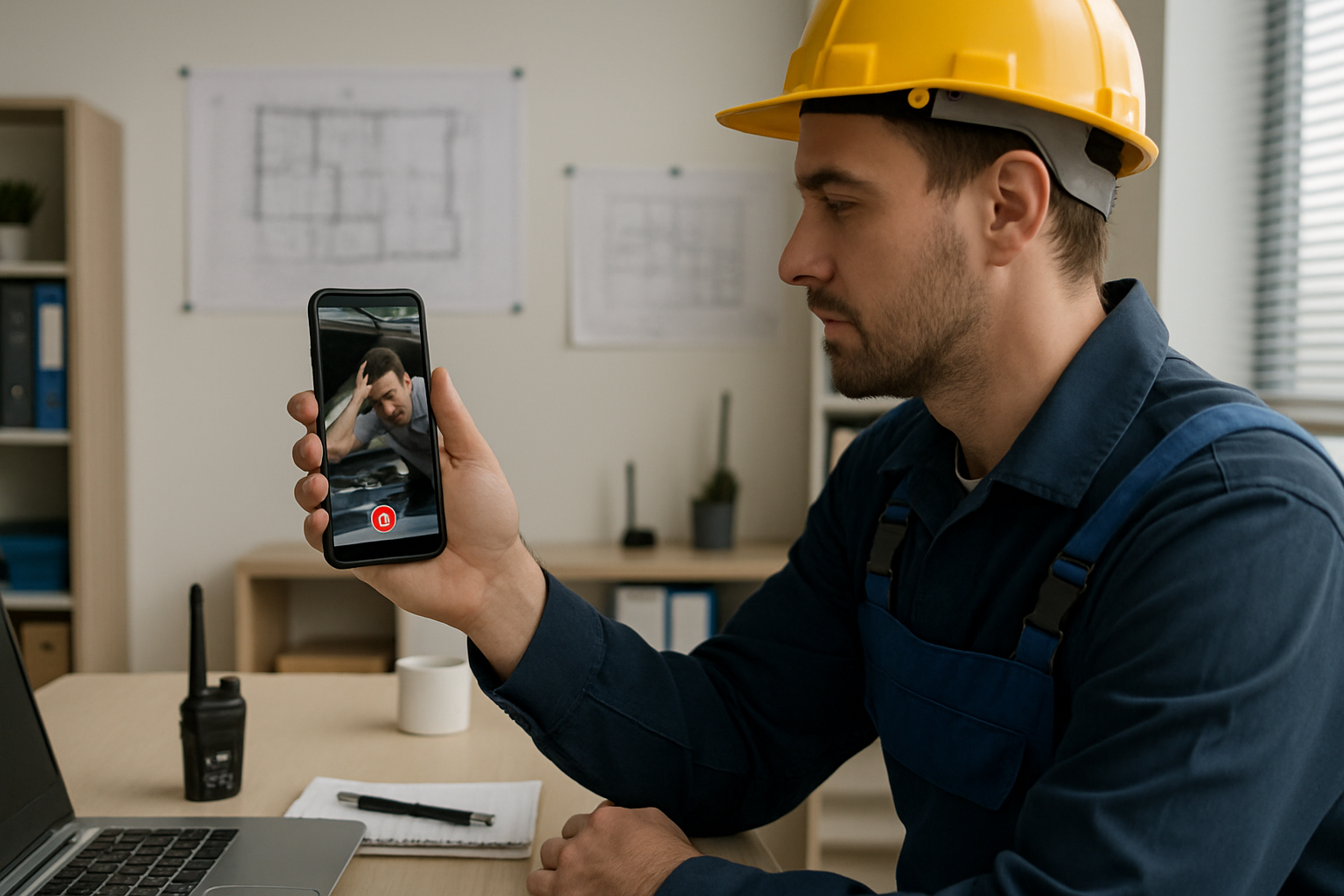 image of a field technician is in his office is holding a phone and havig a video call of a person IN the phone theres a video of a person whose car j-1