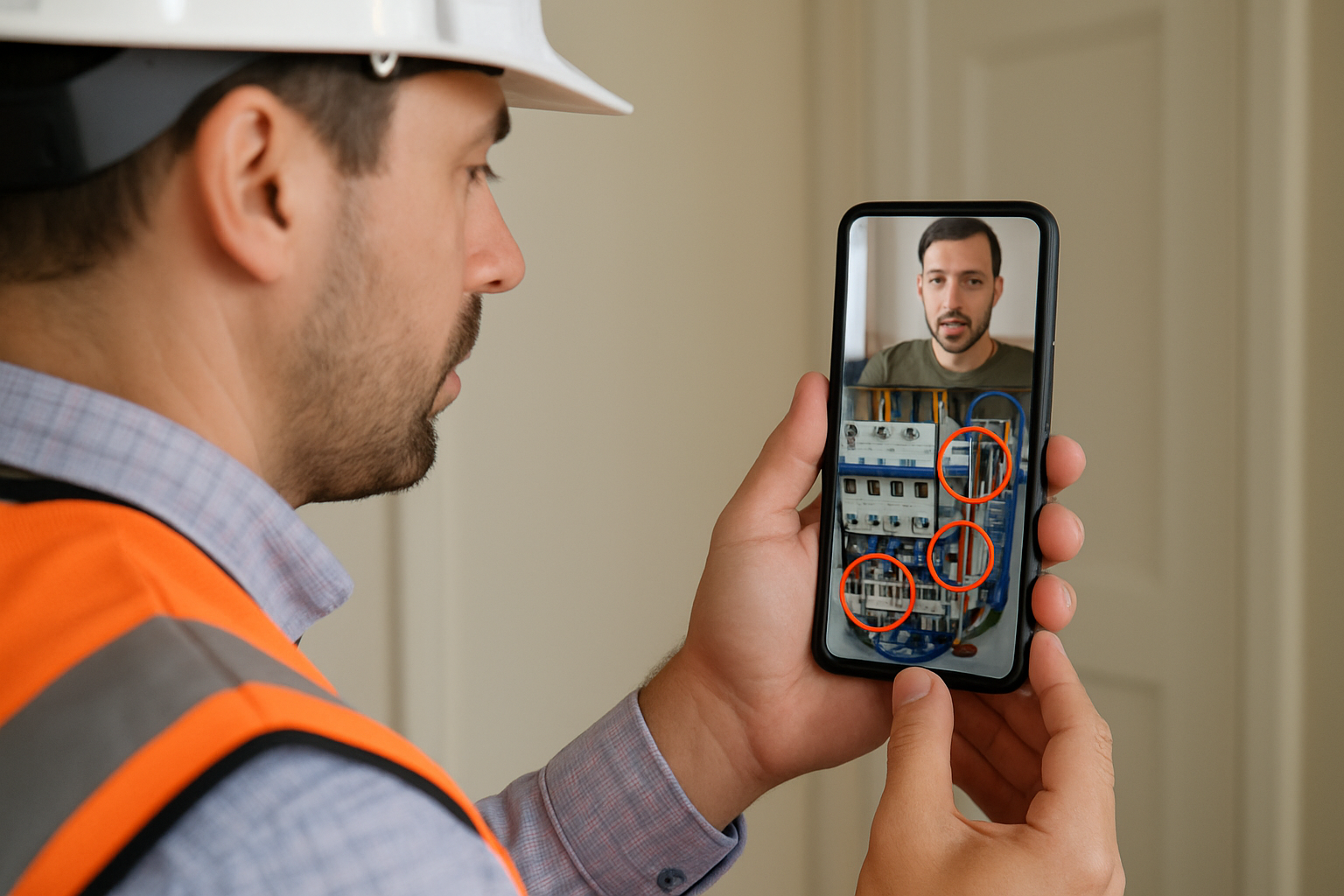 image of a home inspector holding a phone the phone has a video of an electrical system with encircles to important parts in the image theeres a phot-1