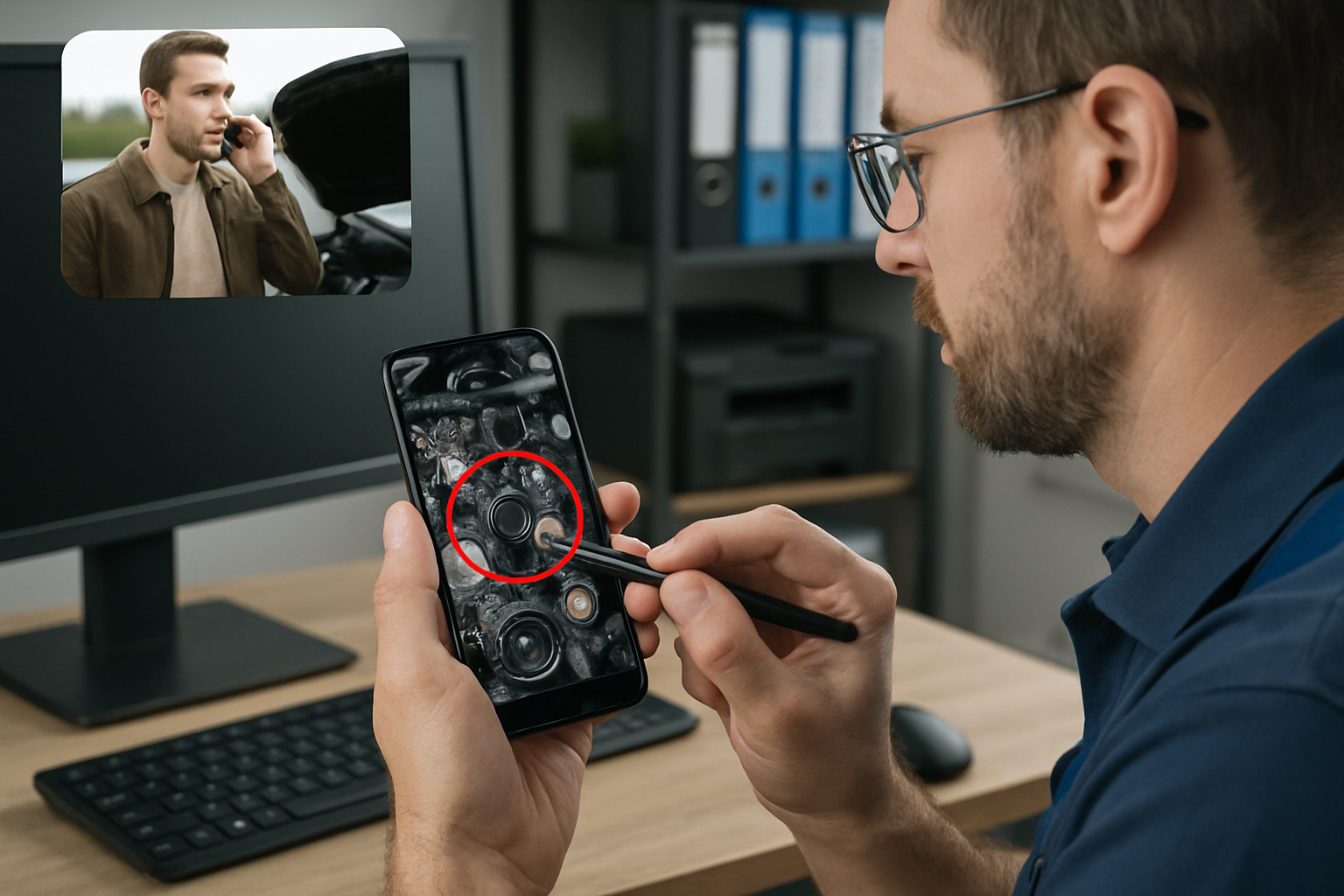 image of a technician in his office holding his phone In the phone is a close up photo of a car engine and the technician making encircles on the phon-3