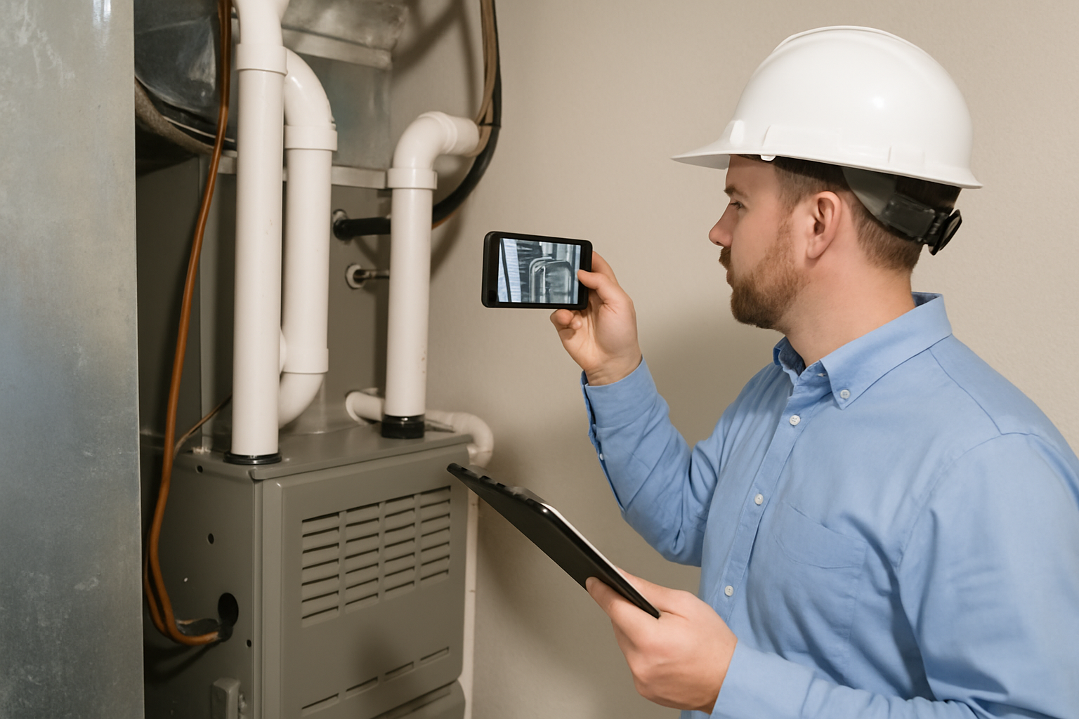 image of home inspector videoing an HVAC system at home